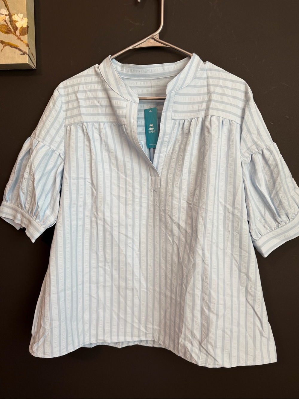 Cupshe Light Blue & White Striped Puff Sleeve Blouse. NWT
